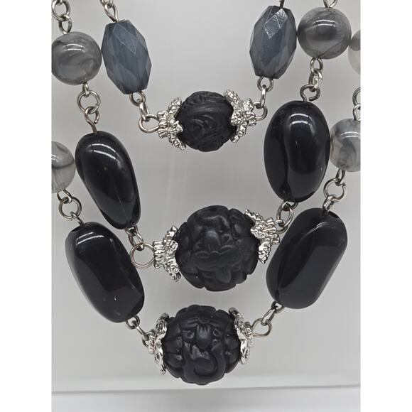 Whimsigoth Multi-Layer Chain Necklace Black Grey Acrylic Beads Faux Carved Onyx - Picture 2 of 12